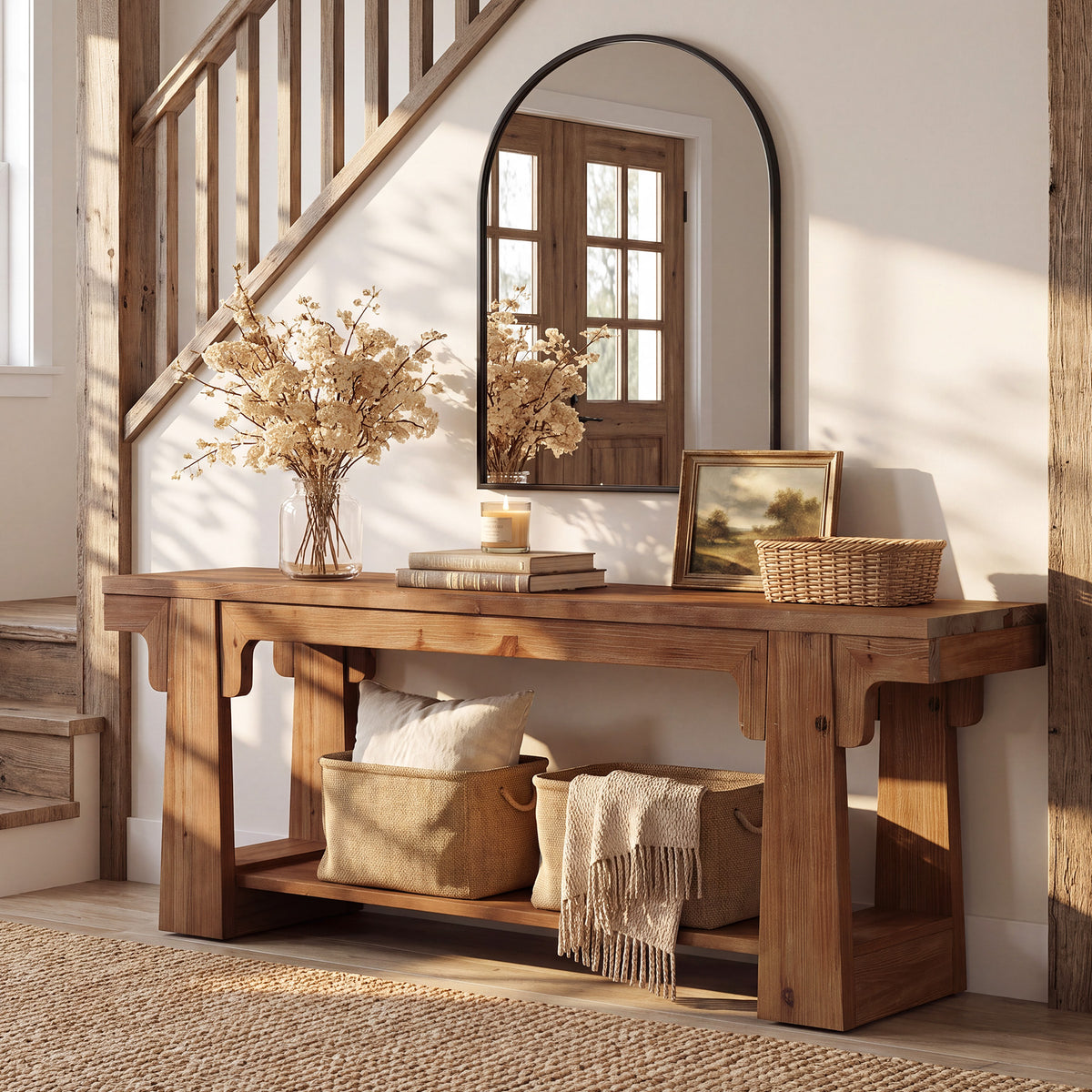 160cm Entryway Bench, Natural Solid Wood 2-Tier Open Shoe Storage for Hallway