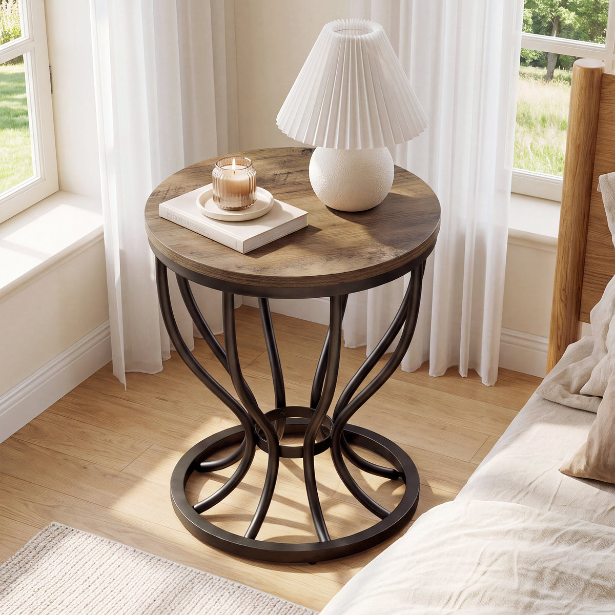 50cm Round Side Table, Industrial End Table with Curved Metal Frame