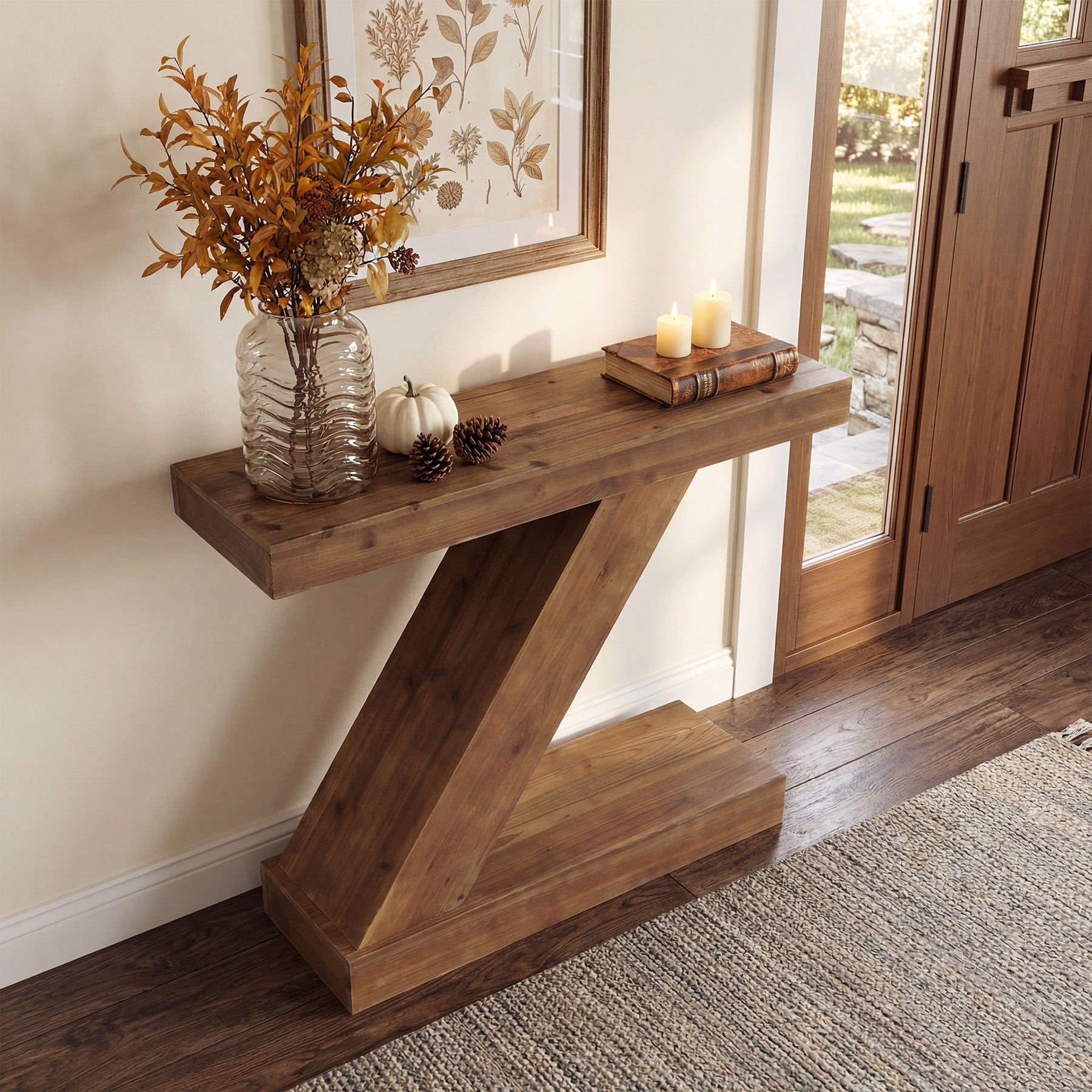 105cm Solid Wood Z-Shape Console Table, Modern Narrow Entryway Sofa Table for Living Room or Hallway