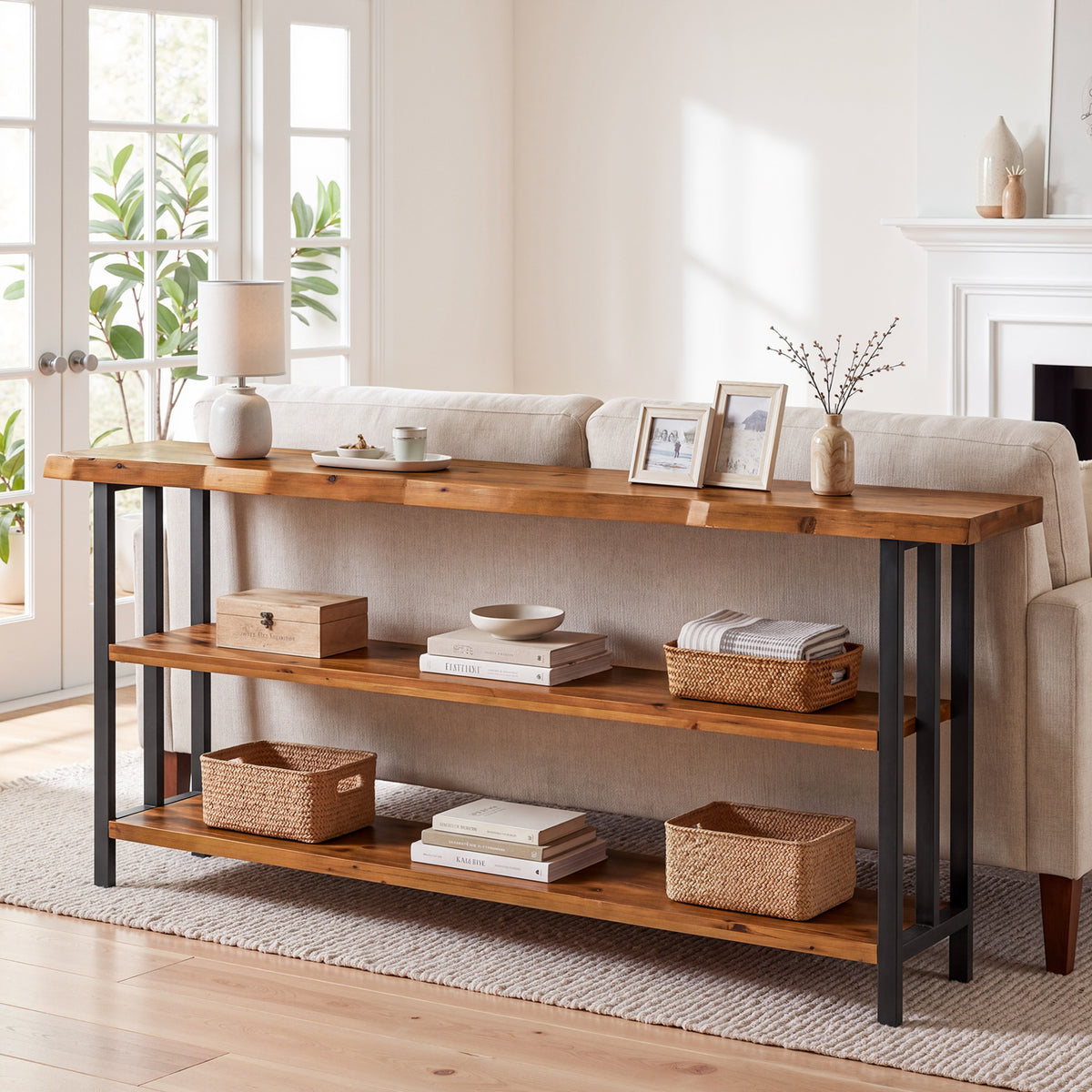 160cm Console Table, Solid Wood Live Edge 3-Tier Rustic Hallway Sofa Table
