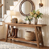 160cm Console Table, Solid Wood X-Brace 2-Tier Entryway Sofa Table with Storage 3