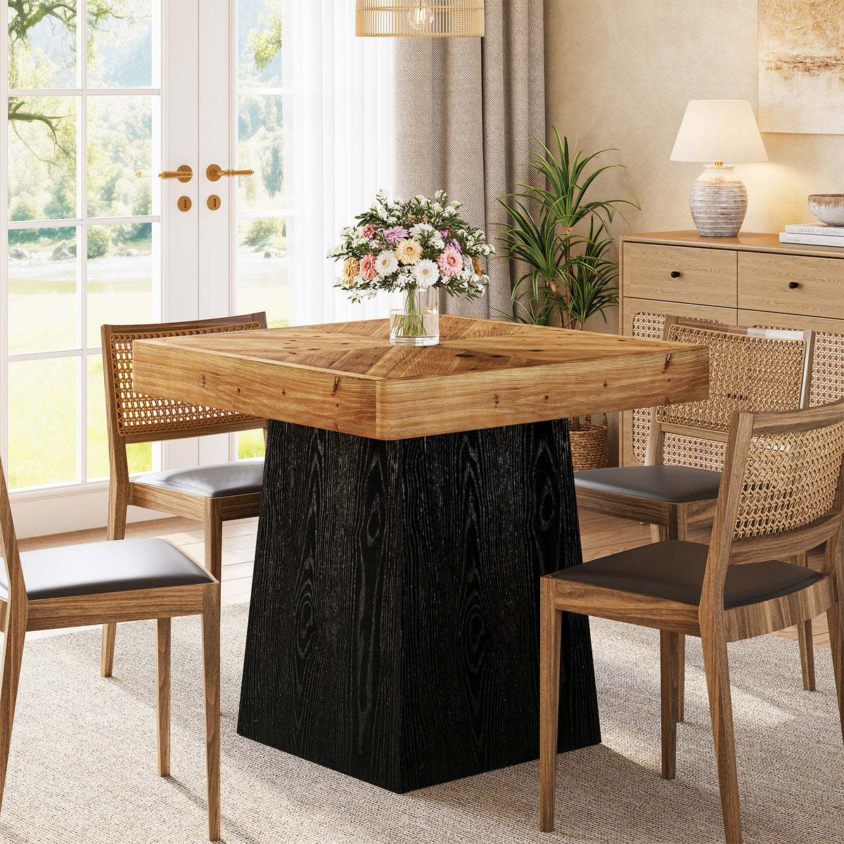 80cm Square Dining Table, Industrial Solid Wood Kitchen Table with Parquet Top & Tapered Base