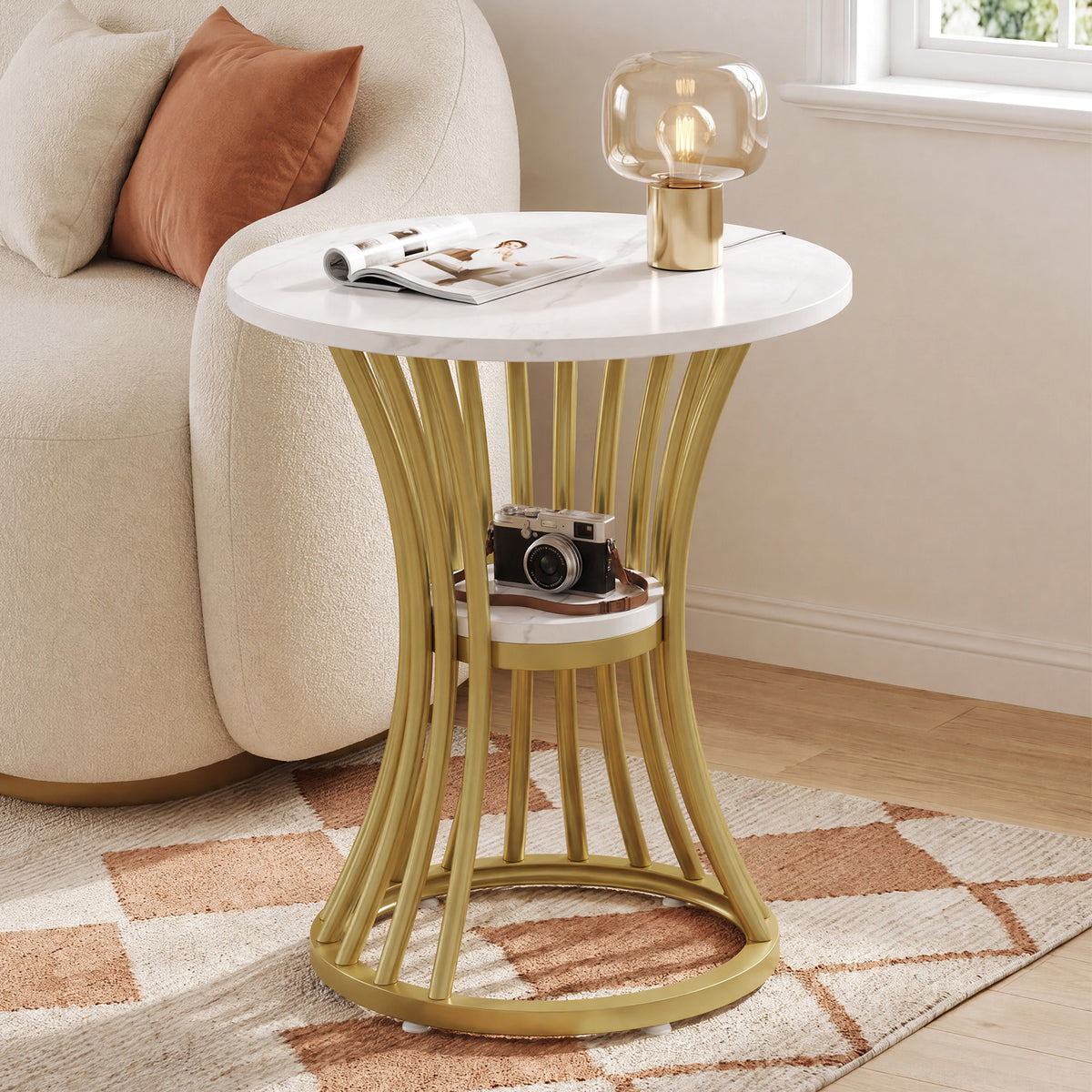 48cm Round Faux Marble End Table, 2-Tier Modern Side Table for Living Room Patio