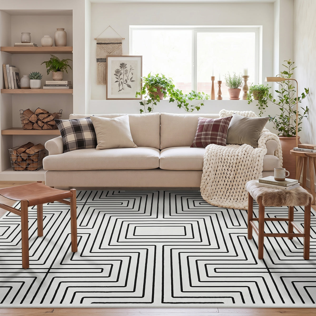Tribesigns Minimalist Labyrinth Pattern Rug, Modern Geometric Non-Slip Low-Pile Area Rug for Living Room, OEKO-TEX Certified