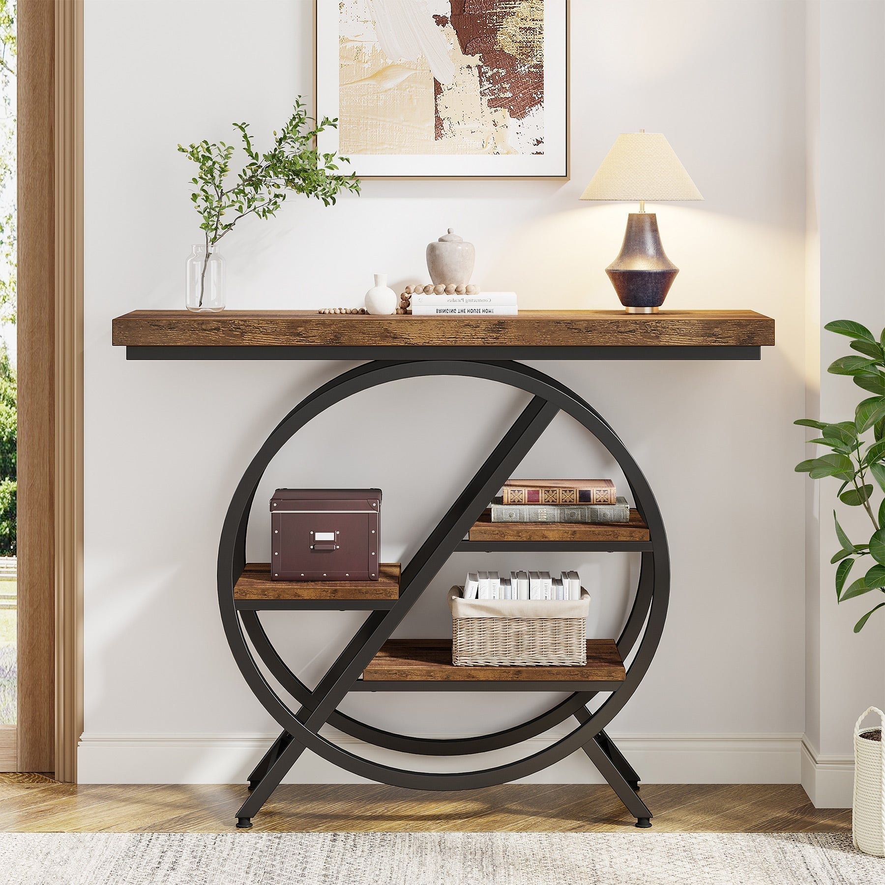 39.4" 4-Tier Console Table, Entryway Table with Geometric Metal Frame