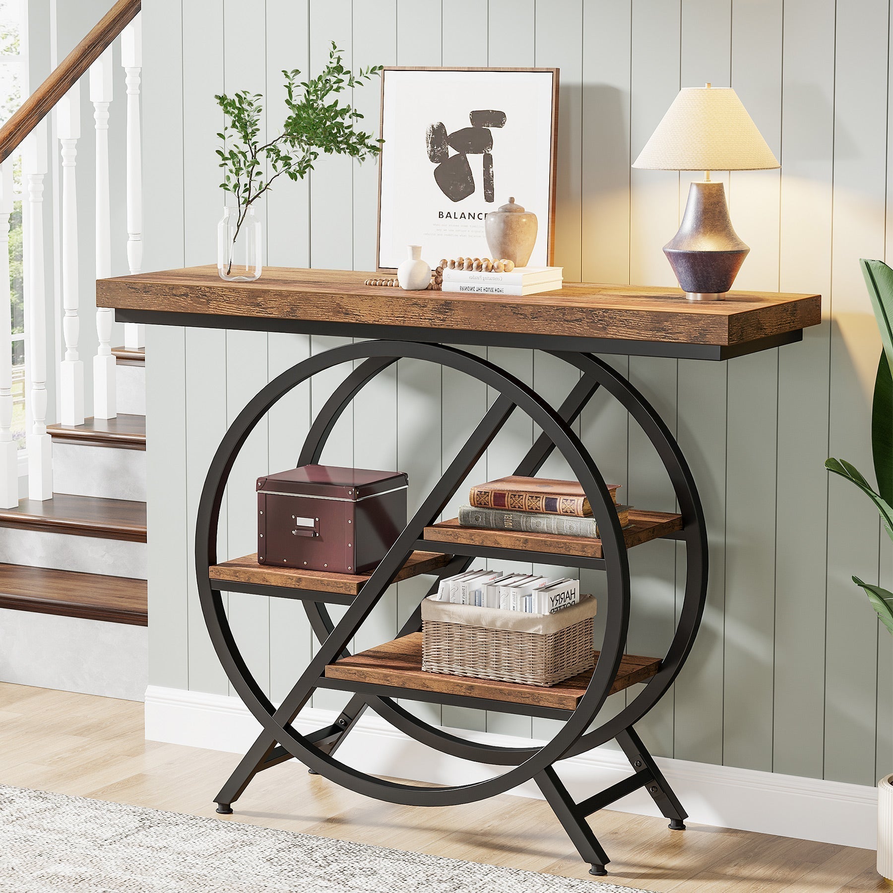 39.4" 4-Tier Console Table, Entryway Table with Geometric Metal Frame