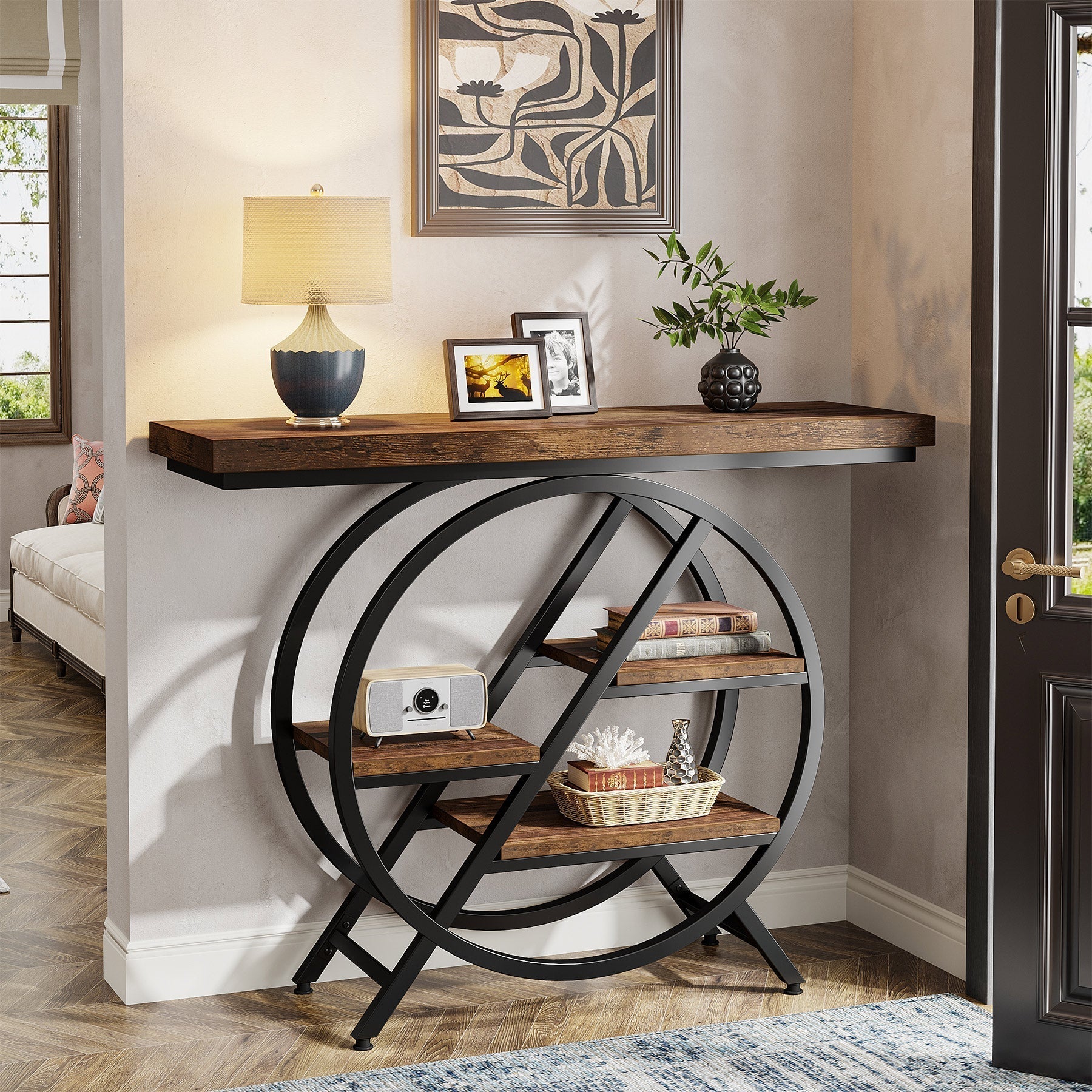 39.4" 4-Tier Console Table, Entryway Table with Geometric Metal Frame