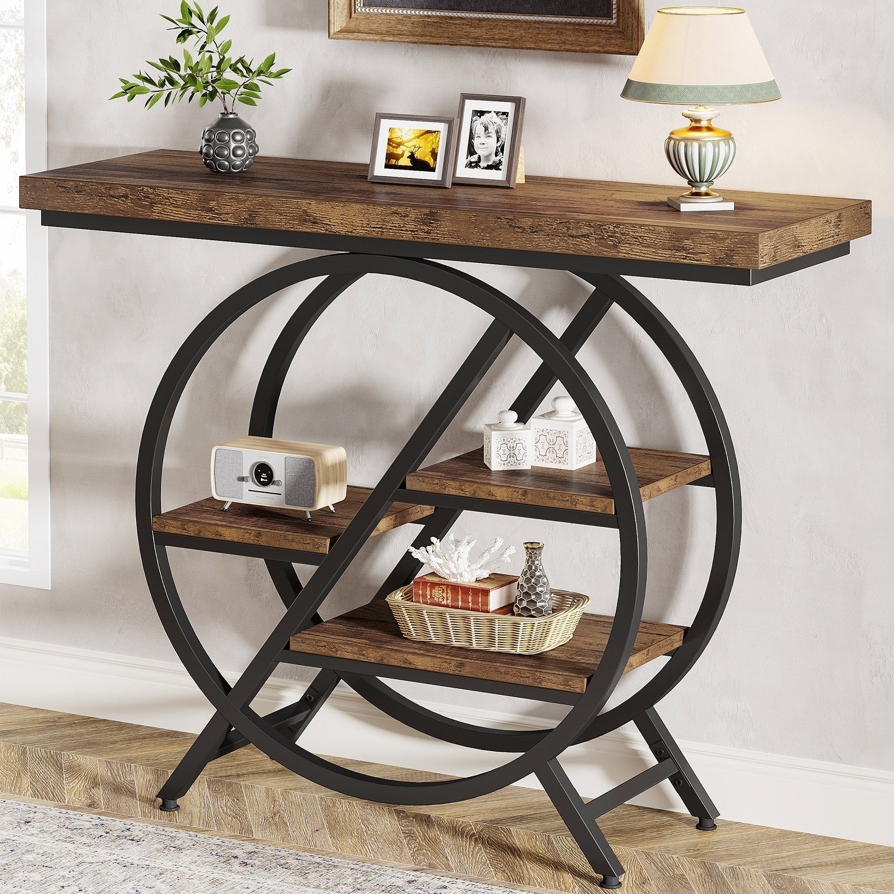 39.4" 4-Tier Console Table, Entryway Table with Geometric Metal Frame