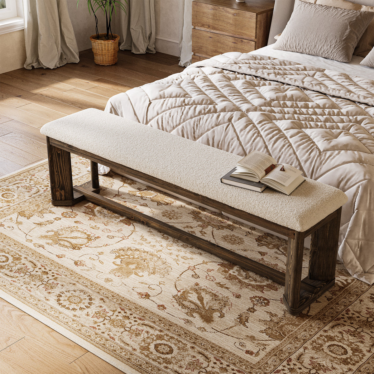 Tribesigns Padded Solid Wood Shoe Bench with Faux Fur Seat, 140cm