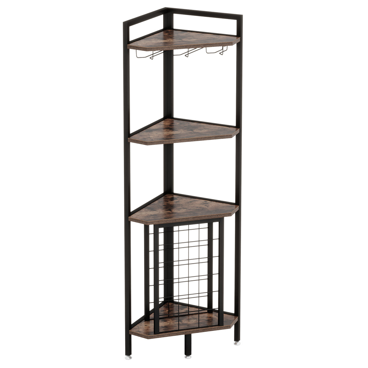 160cm Corner Wine Rack with Glass Holder & Storage,4-Tier Industrial Shelf for Small Spaces – Brown