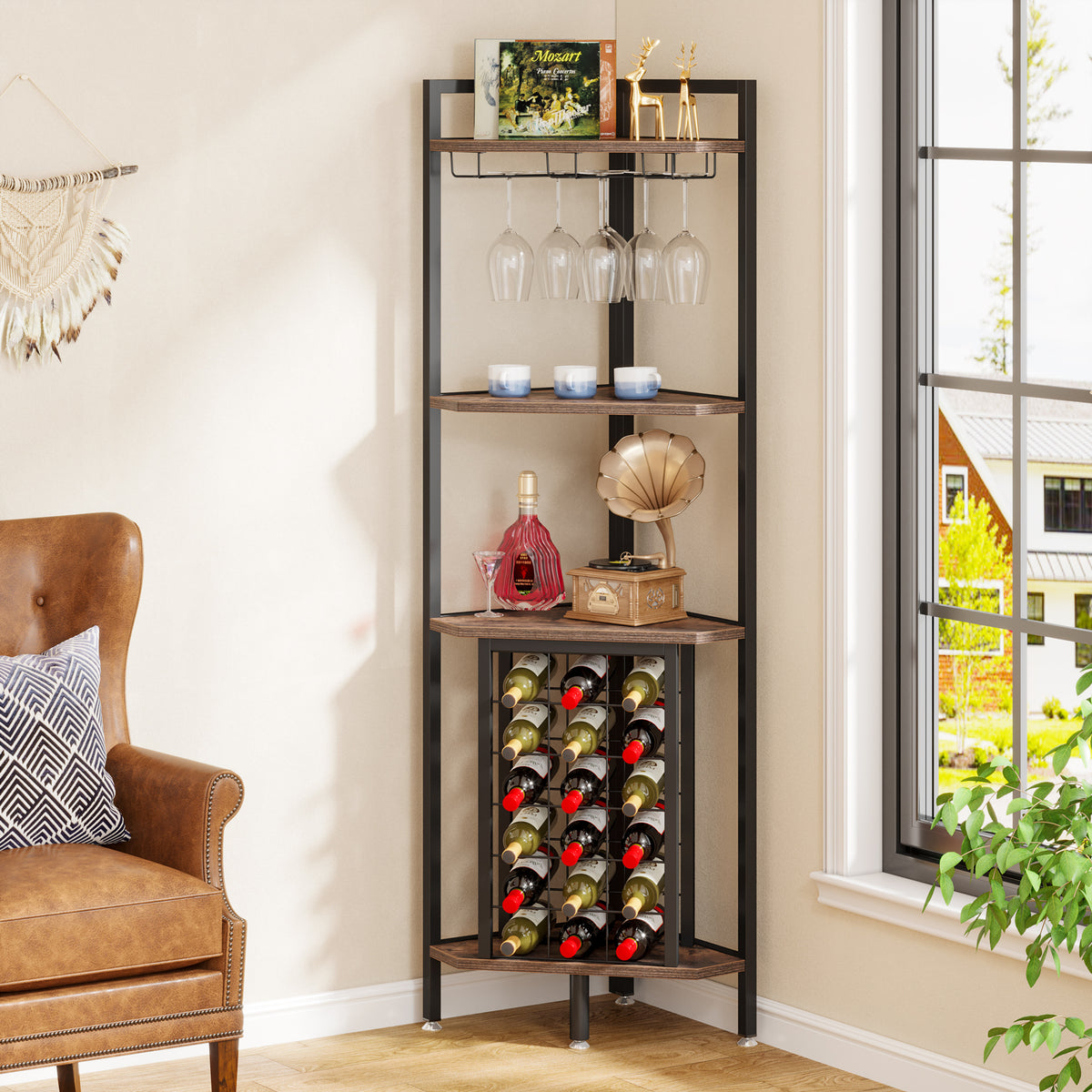 160cm Corner Wine Rack with Glass Holder & Storage,4-Tier Industrial Shelf for Small Spaces – Brown