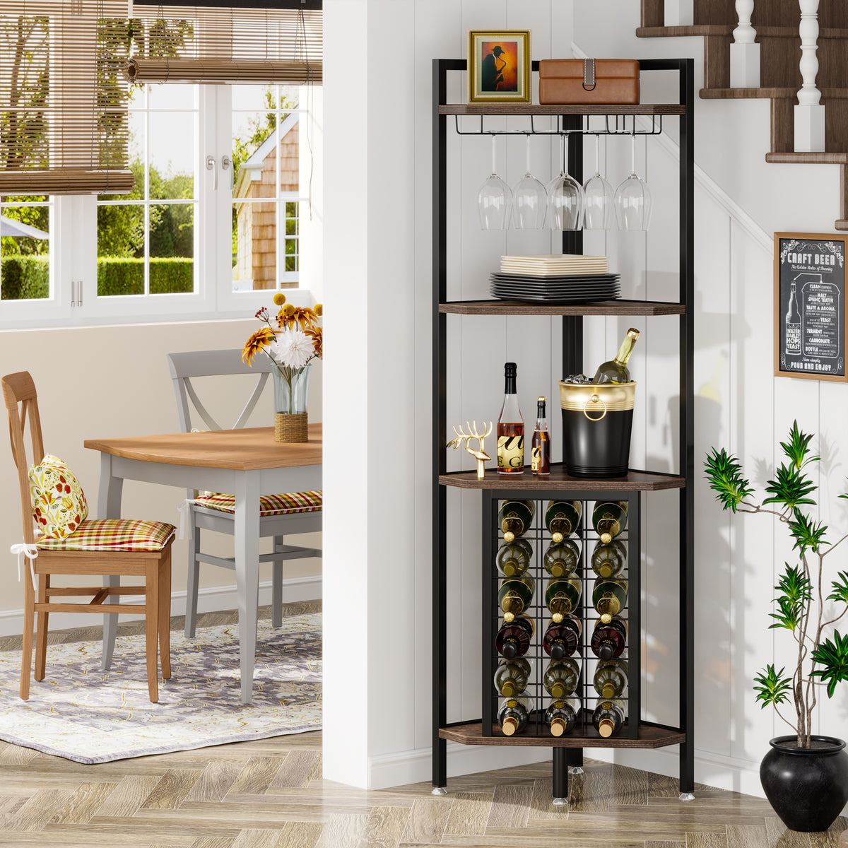 160cm Corner Wine Rack with Glass Holder & Storage,4-Tier Industrial Shelf for Small Spaces – Brown