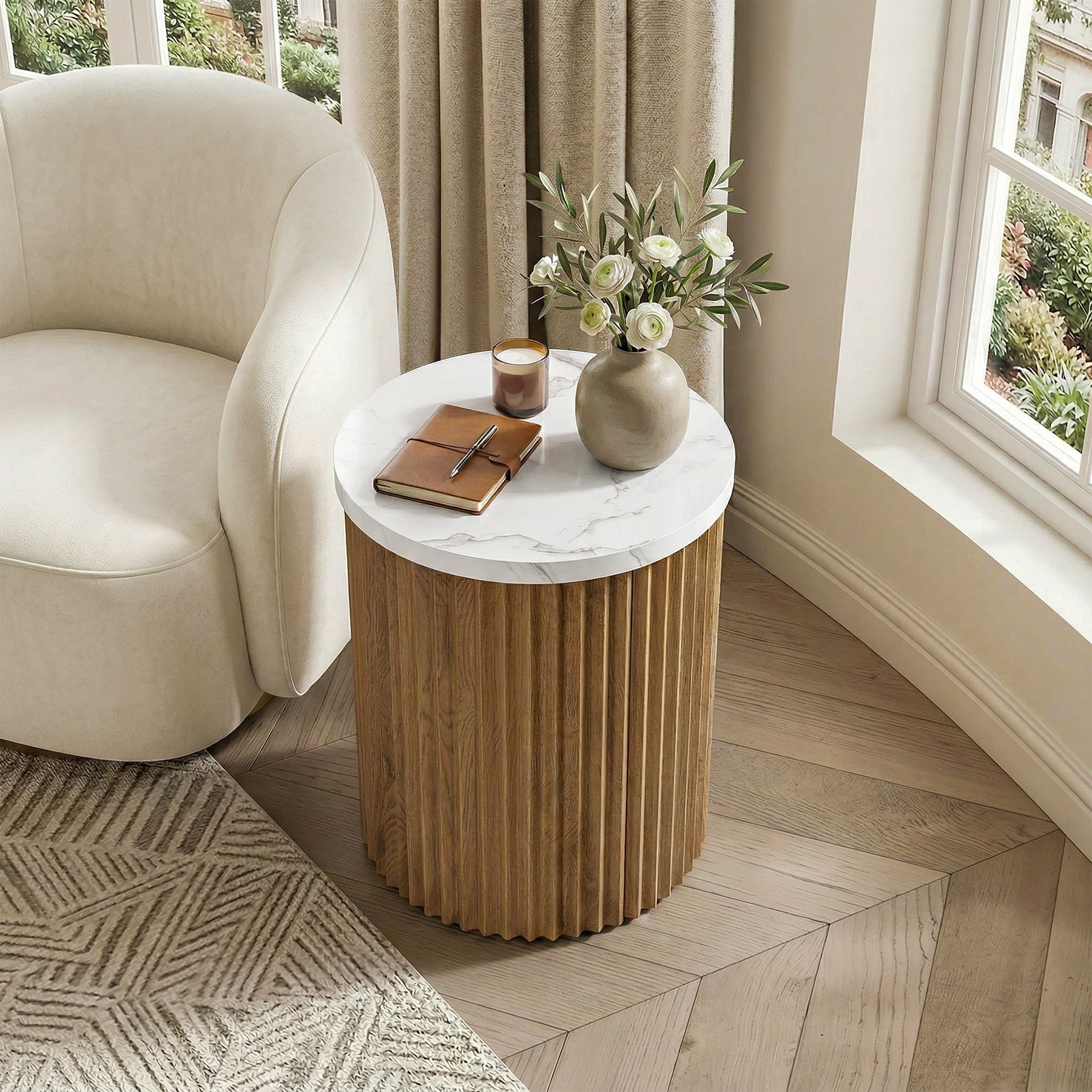 23.6" Round Nightstand, Bedside Table with Faux Marble Tabletop & Fluted Base
