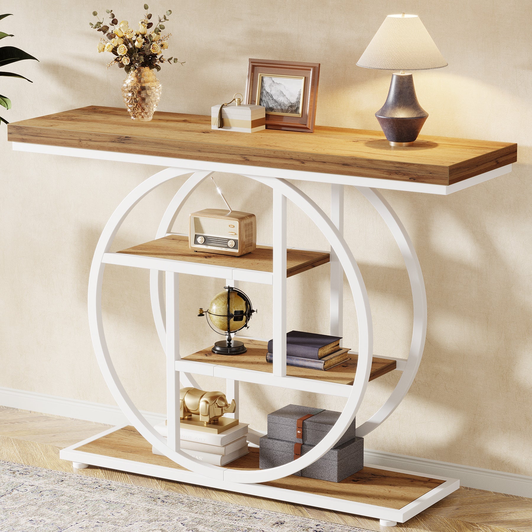 41.3" Console Table, Industrial 4-Tier Sofa Entryway Table with Circle Base