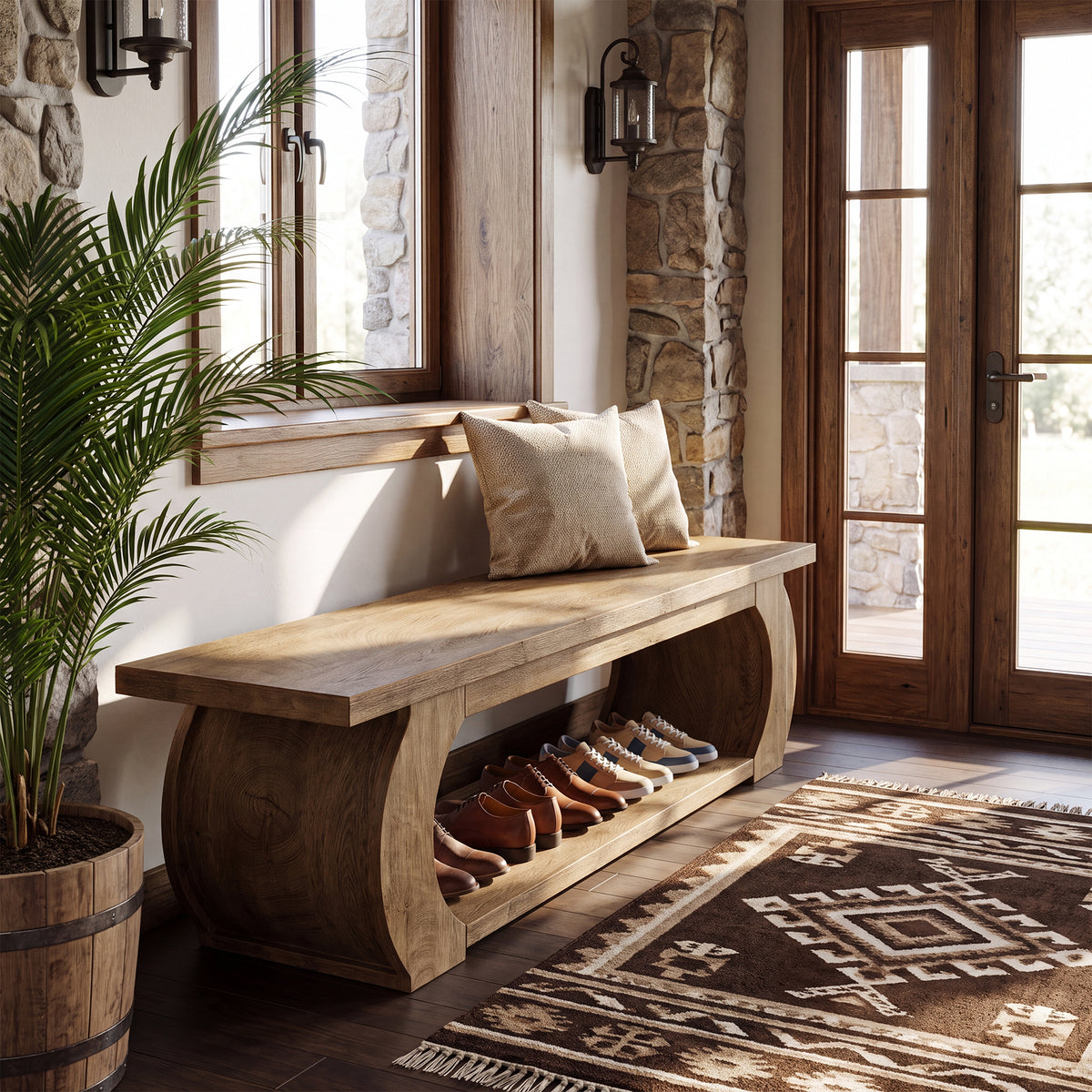 160cm Entryway Bench, Farmhouse Wooden Shoe Bench with Storage Shelf for Hallway
