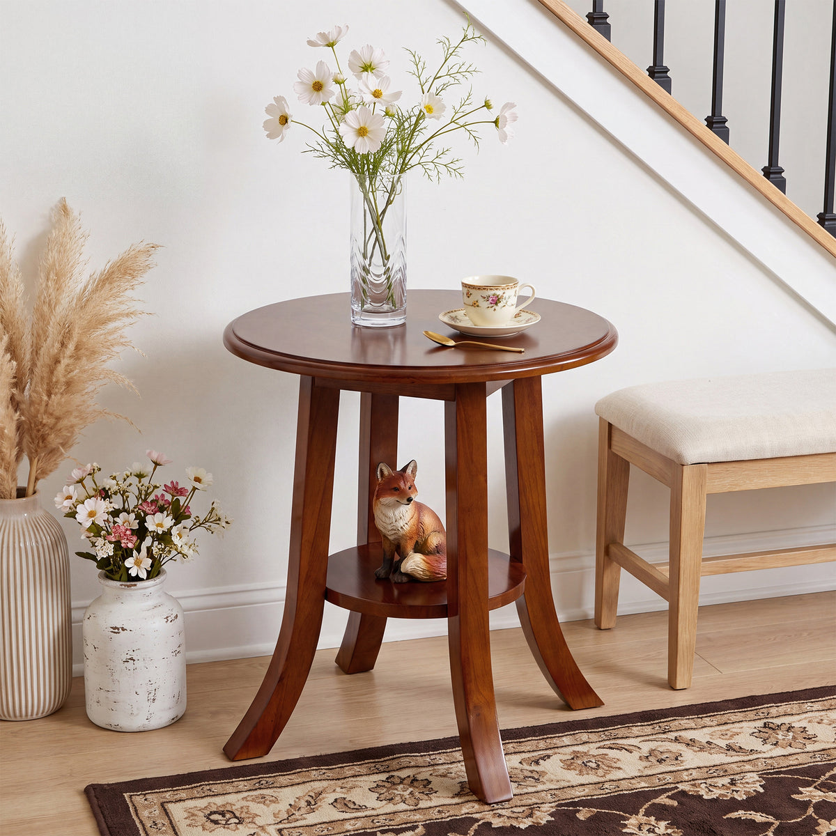 50cm Round Side Table, Vintage Solid Wood 2-Tier End Table with Curved Legs for Living Room