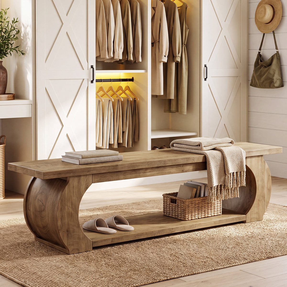 160cm Bedroom Bench, Country Storage Bench with Open Shelf & Curved Wood Frame