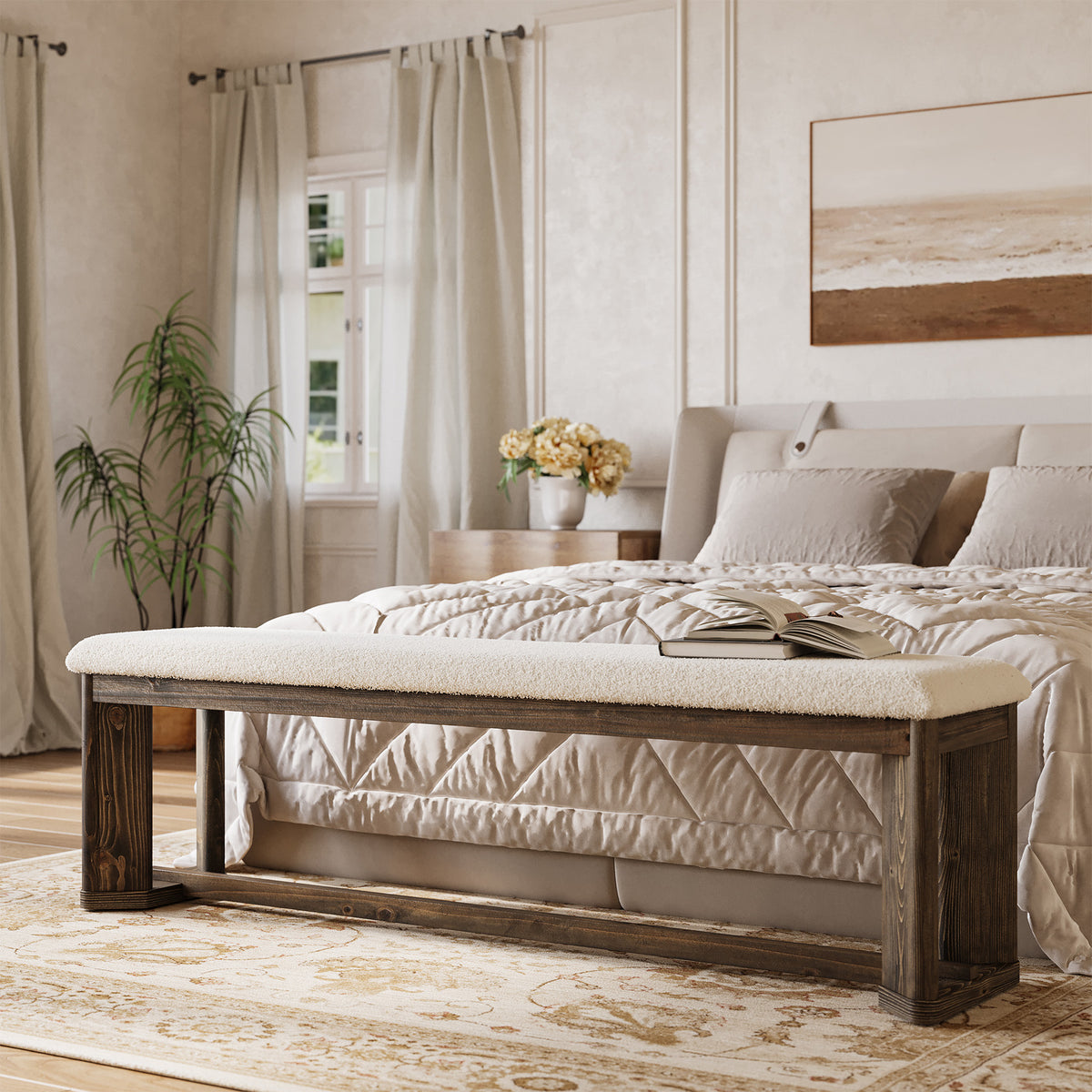 Tribesigns Padded Solid Wood Shoe Bench with Faux Fur Seat, 140cm