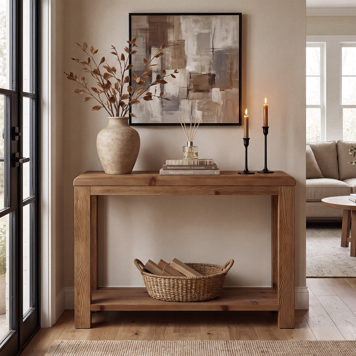 105cm Console Table, Solid Wood Farmhouse Sofa Table with Open Shelf Storage for Hallway Living Room