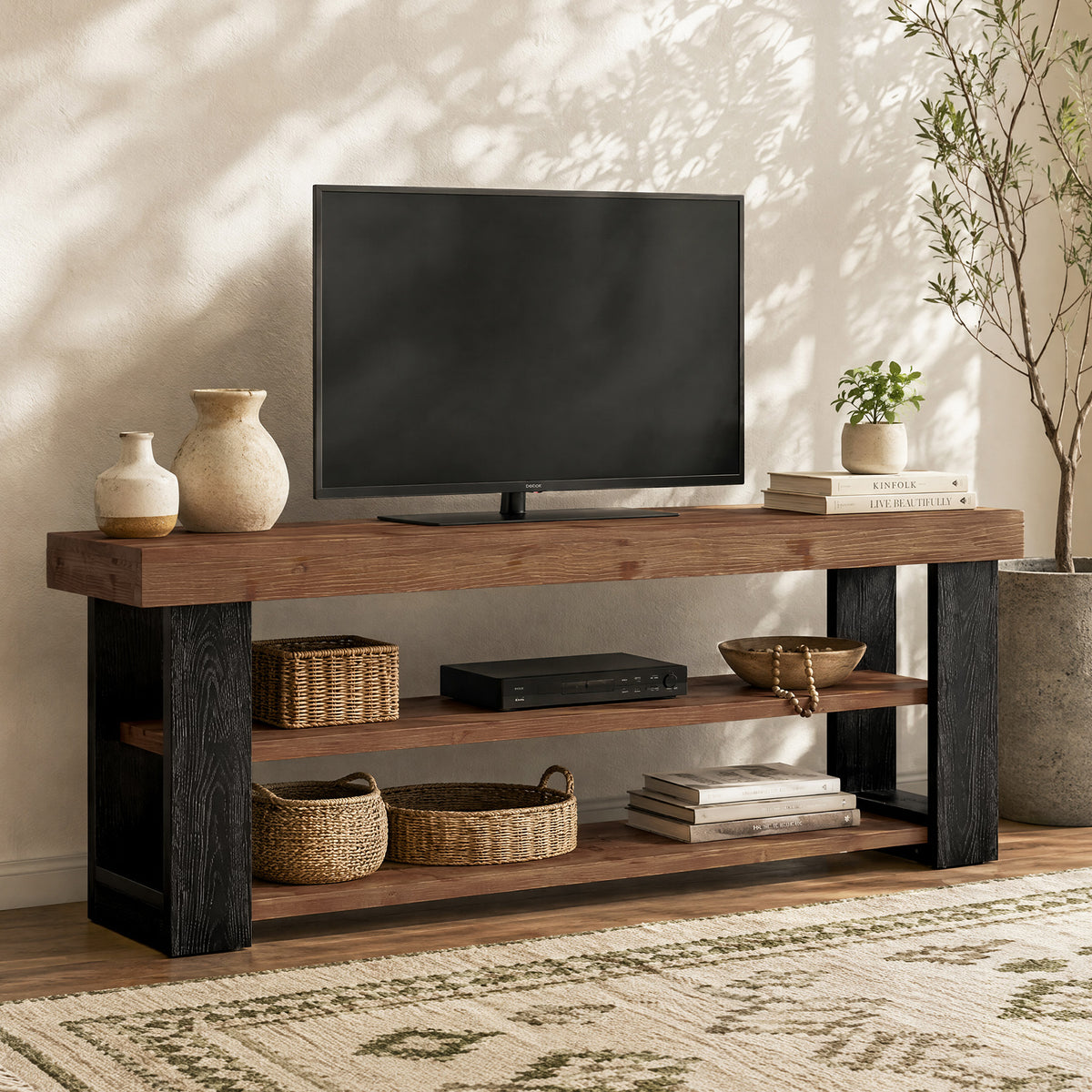 160cm TV Stand, Farmhouse Solid Wood Media Console for 65-70" TVs