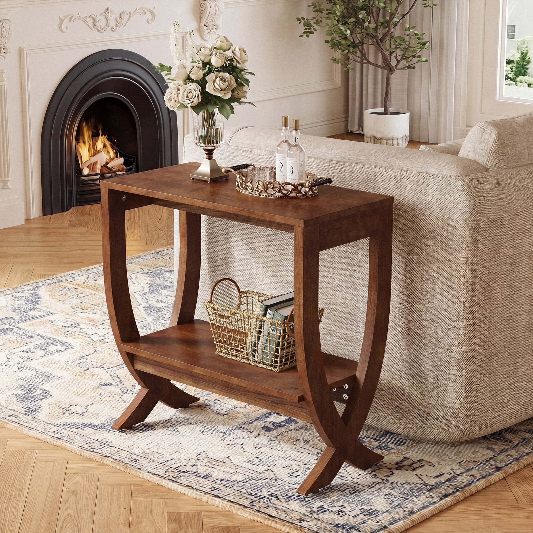 Solid  Wood End Table, 2-Tier Couch Side Table with Arched Legs