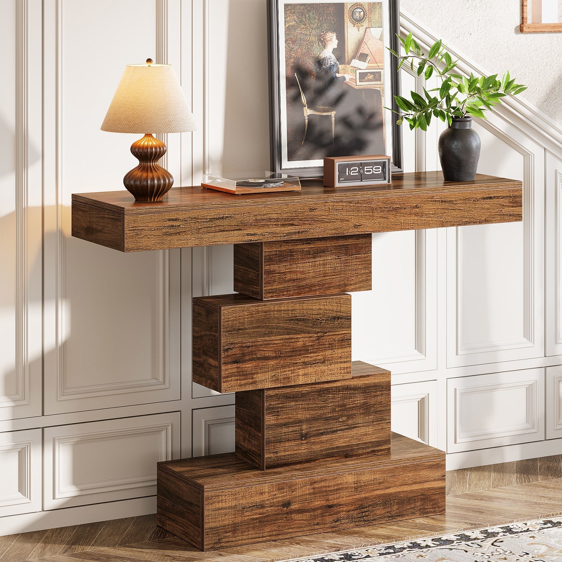 42" Console Table, Wood Sofa Table Accent Table with Geometric Base