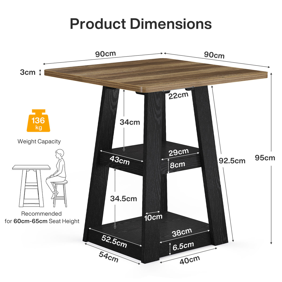 90cm Square Bar Table, Farmhouse Pub Table with 2-Tier Storage Shelves for Kitchen Dining Room