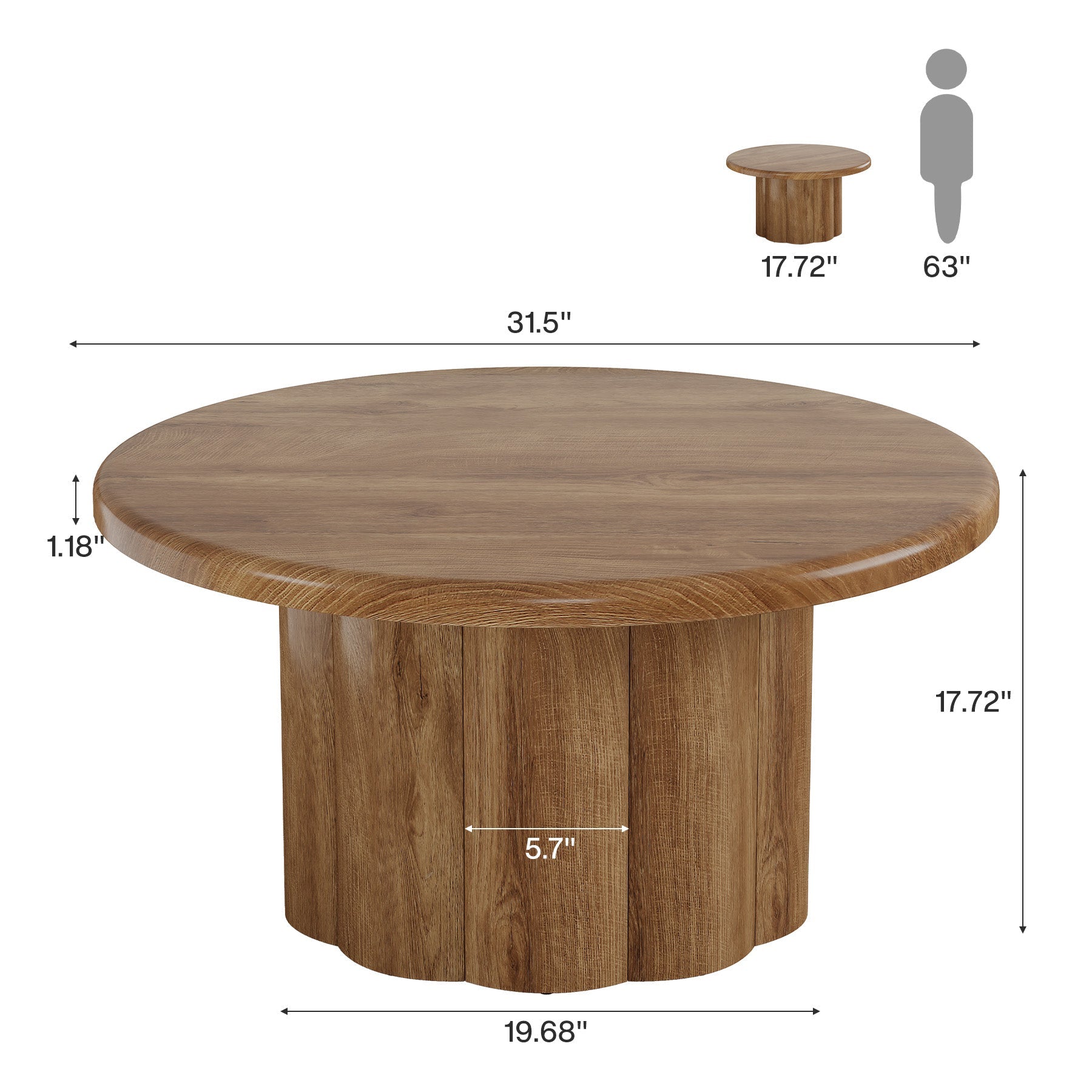 31.5" Rustic Fluted Drum Table, Round Farmhouse Center Table for Cozy Living