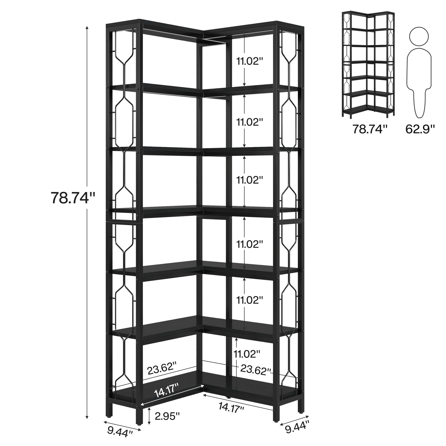 78.74“ Corner Bookshelf, 7-Tier Industrial Corner Etagere Bookcase