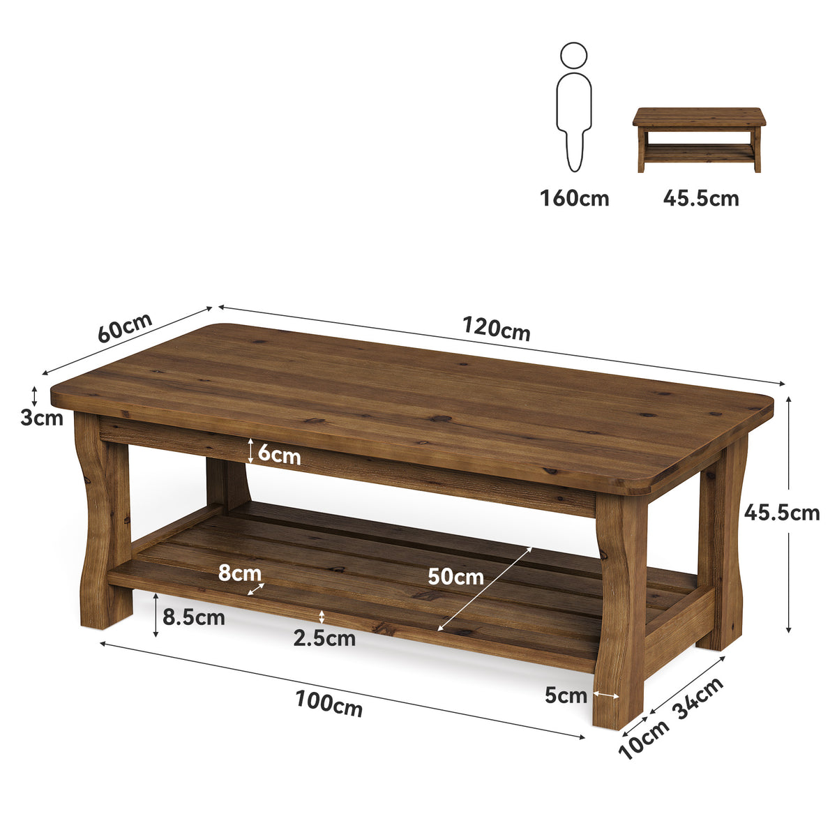 47" Solid Wood Coffee Table, Farmhouse 2-Tier Living Room Center Table, Dark Brown