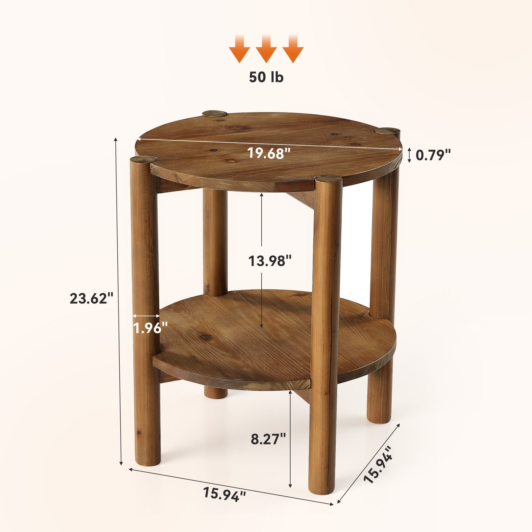 50cm Solid Wood Round Bedside Table, 2-Tier Small Side Table with Storage Shelf