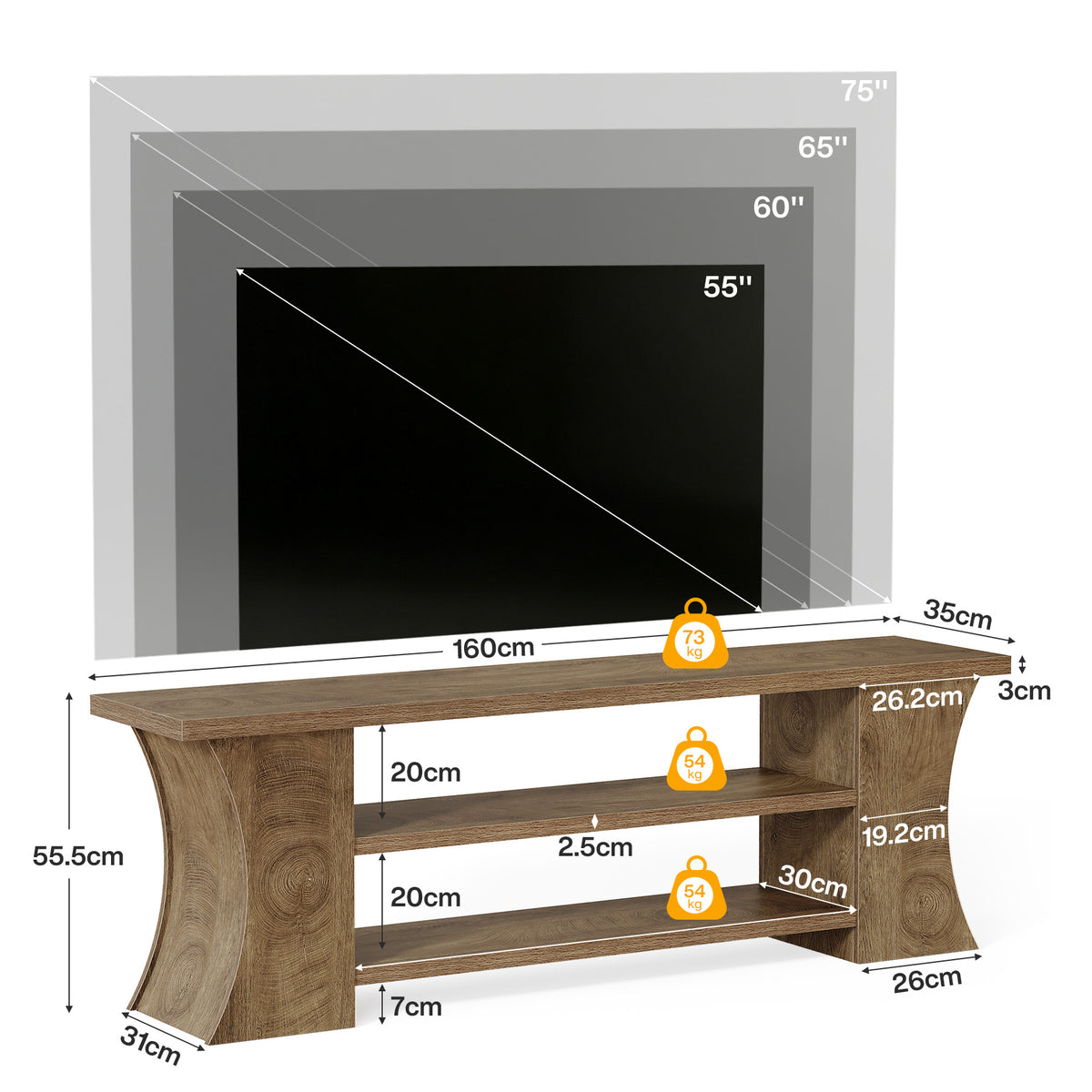 160cm TV Stand, 3-Tier Storage & Curved Legs for 75" TVs