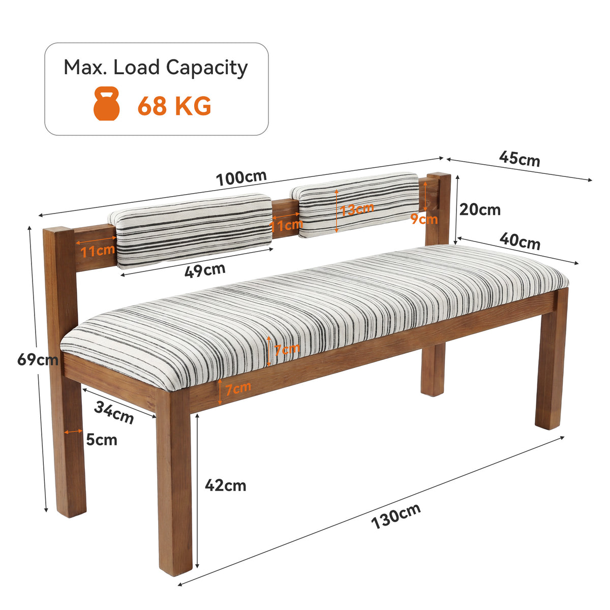 140cm Dining/shoe Bench, Upholstered Solid Wood with Chenille Seat & Backrest for 2-3 People
