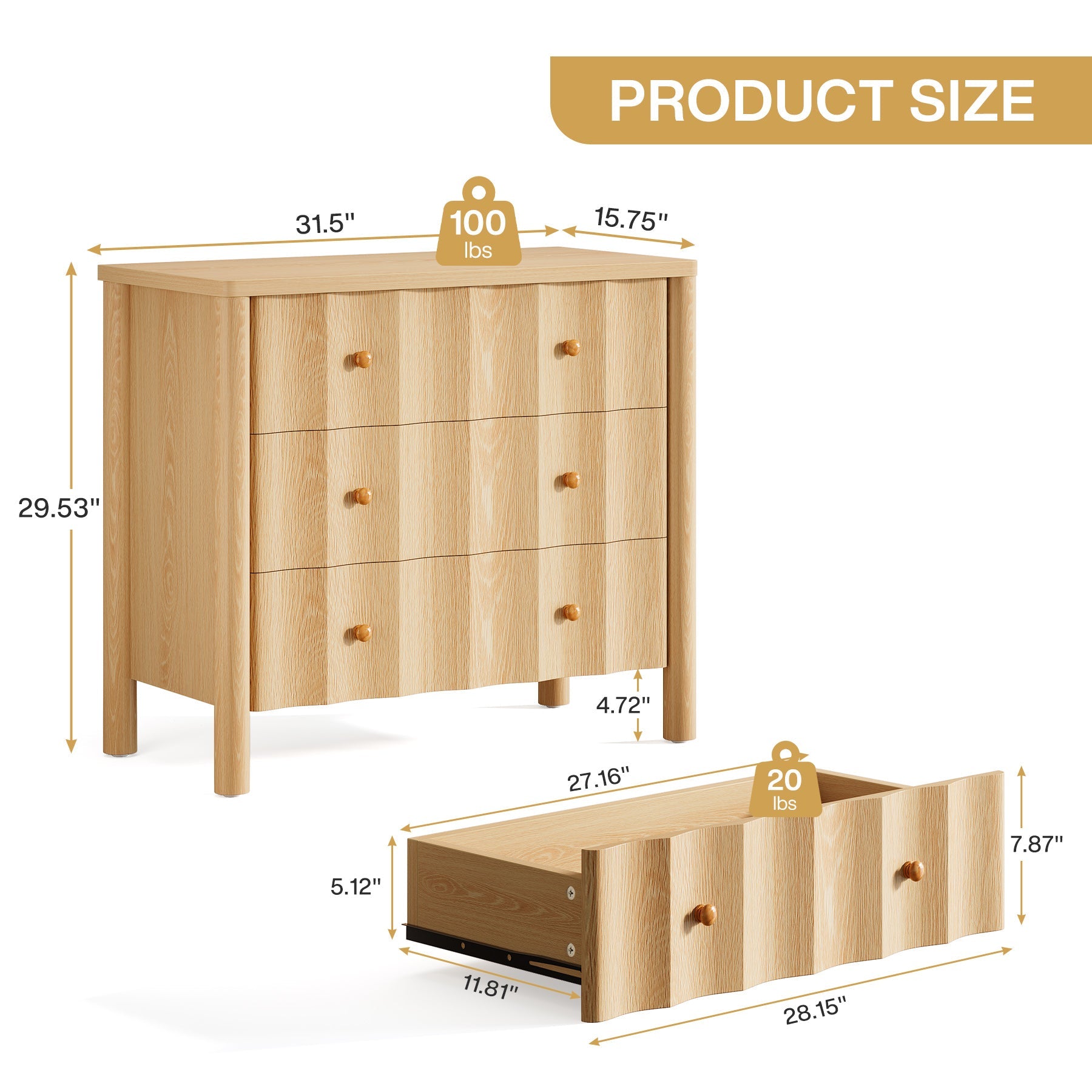 31.5" Nightstand, Modern Oversized Bedside Table with 3 Drawers for Bedroom