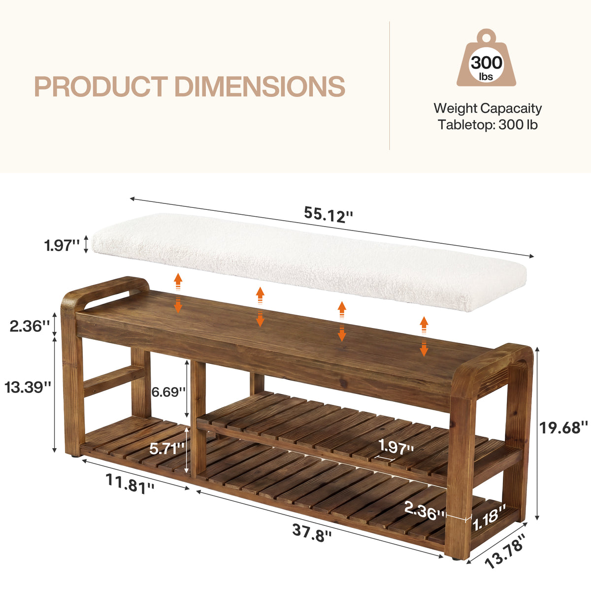 140cm Shoe Storage Bench, Solid Wood Upholstered Entryway Bench with Removable Cushion