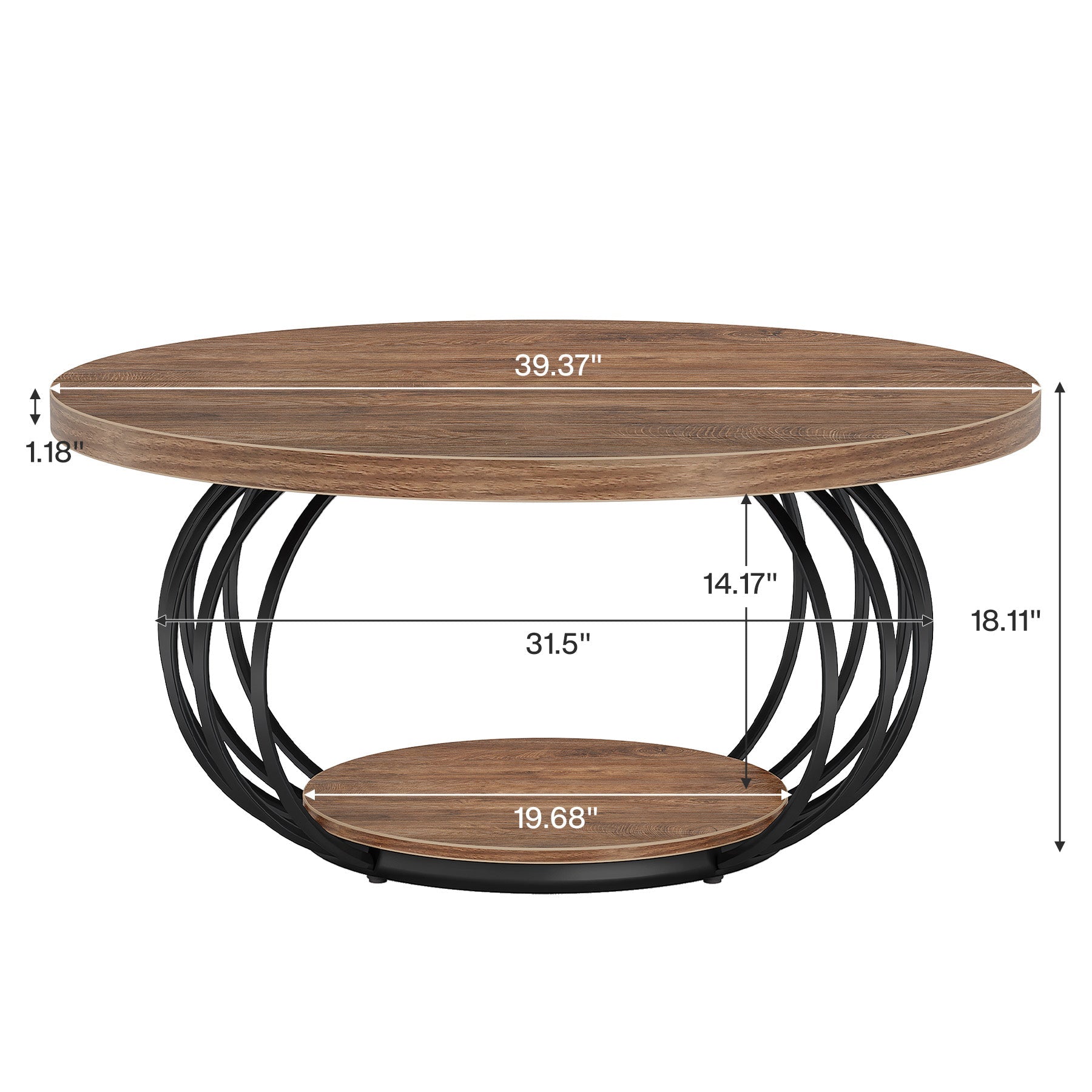 39" Round Coffee Table - 2-Tier Industrial Cocktail Table with Metal Frame, Rustic Brown & Black