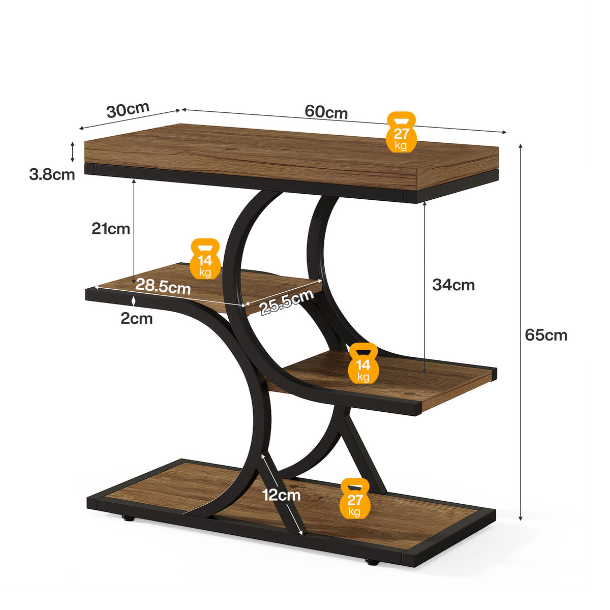 60cm Side Table, 4-Tier Industrial Narrow Open Storage for Living Room Bedroom