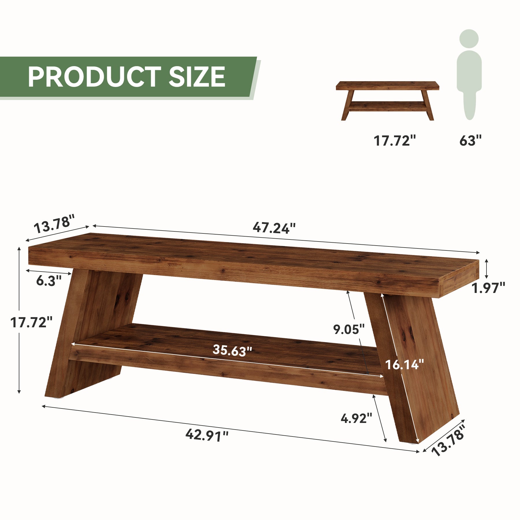 47" 2-Tier Entryway Bench, Solid Wood Shoe Bench with Open Shelves