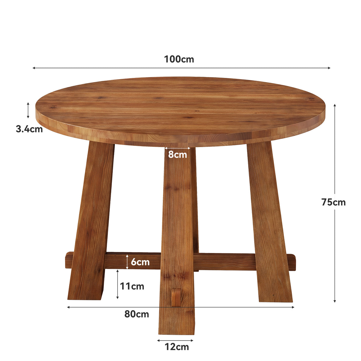 100cm Round Dining Table, Solid Wood Farmhouse Kitchen Table with Cross Base for 2-4