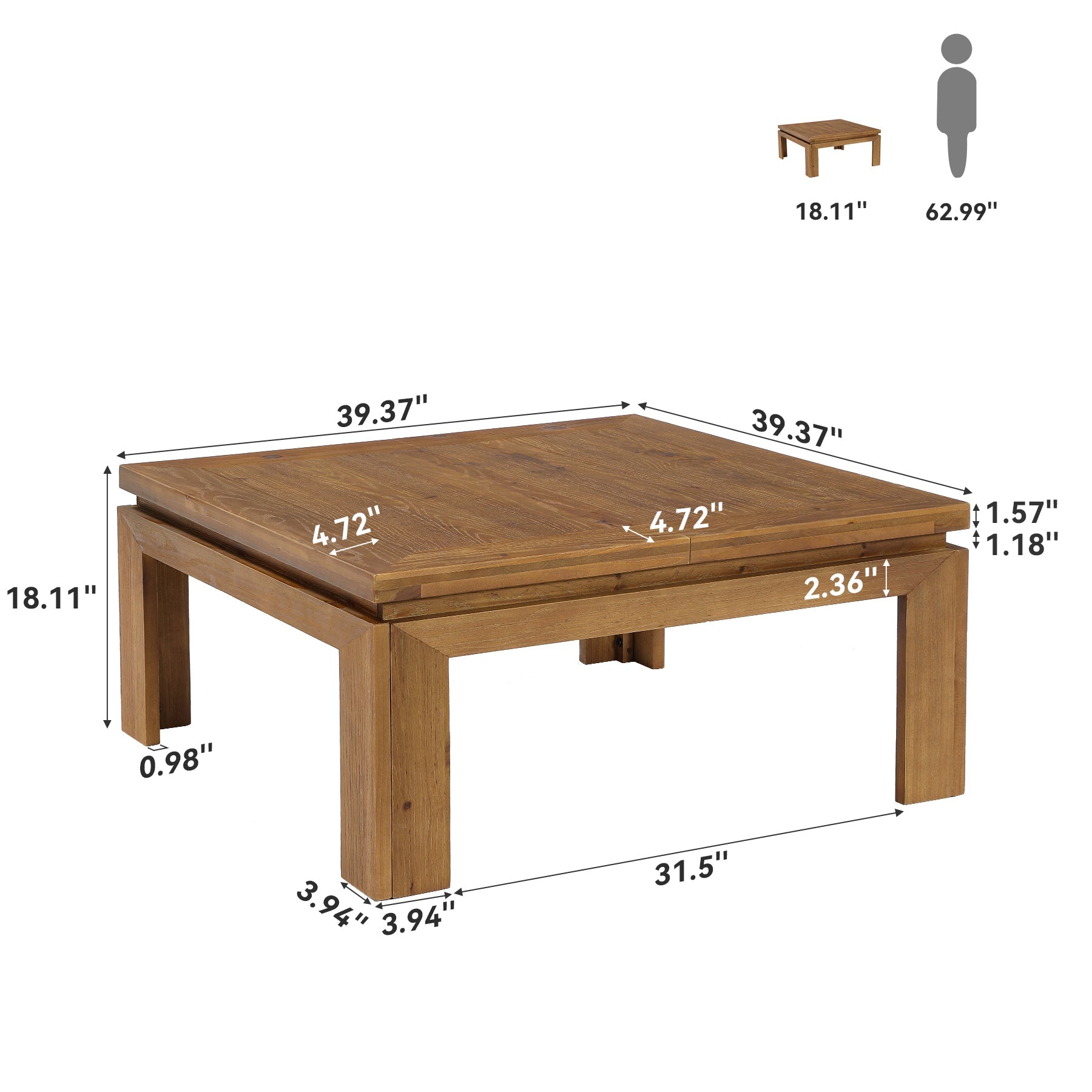39.4" Solid Wood Coffee Table with Recessed Edge, Square Farmhouse Center Table for Living Room