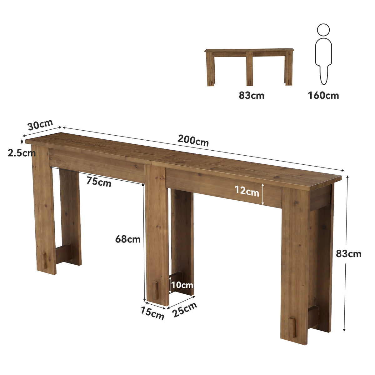 200cm Console Table, Extra Long Solid Pine Bench Table with 6 Legs