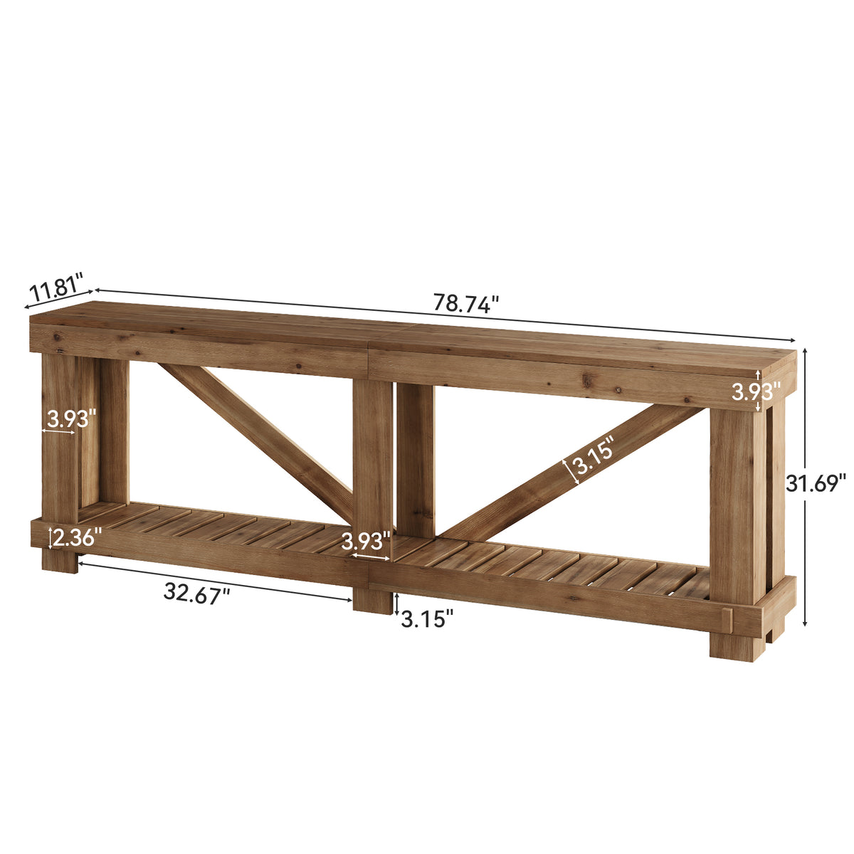 200cm Console Table, Solid Wood Narrow Sofa Table with Open Slatted Shelf for Entryway