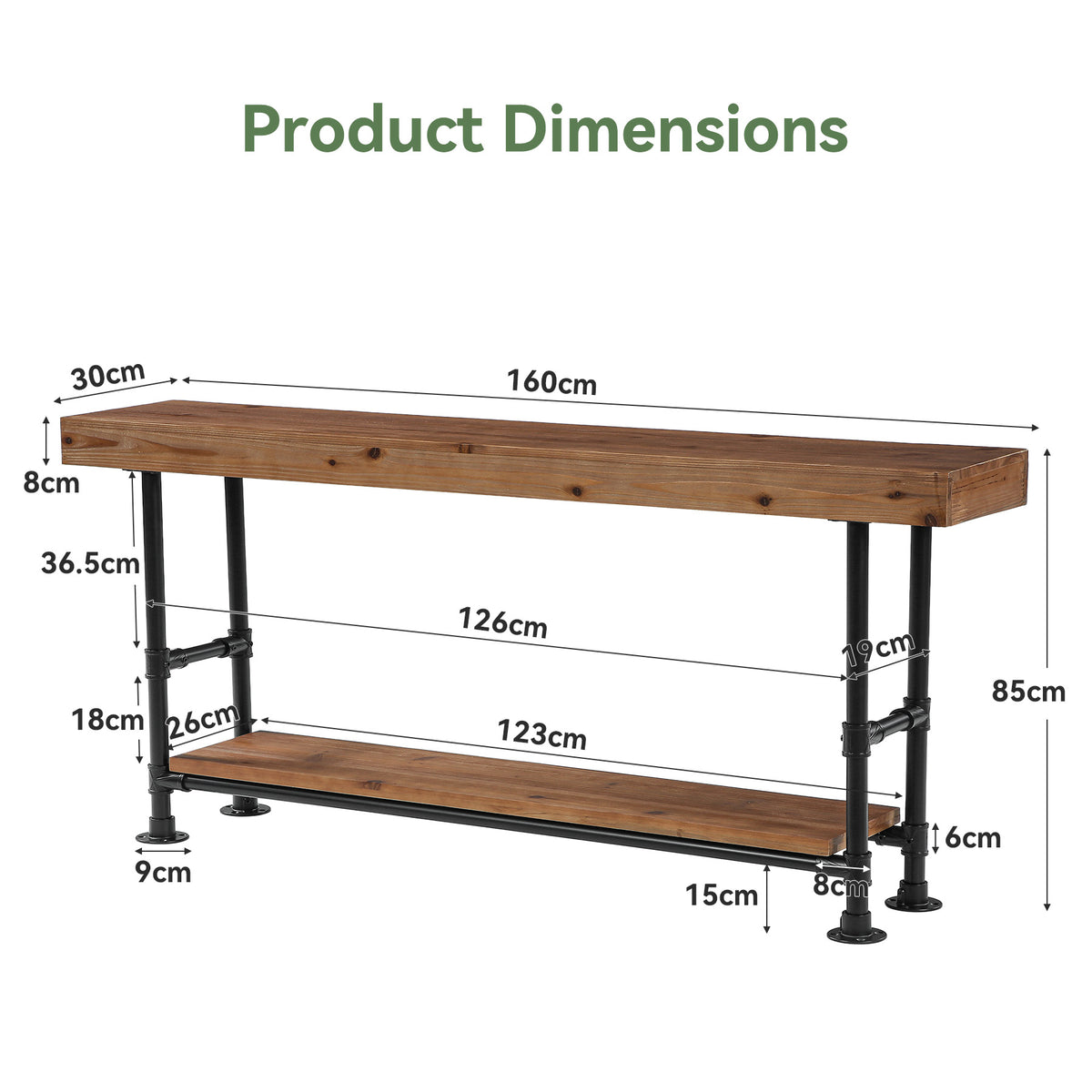 160cm Console Table, 2-Tier Solid Wood for Entryway & Hallway