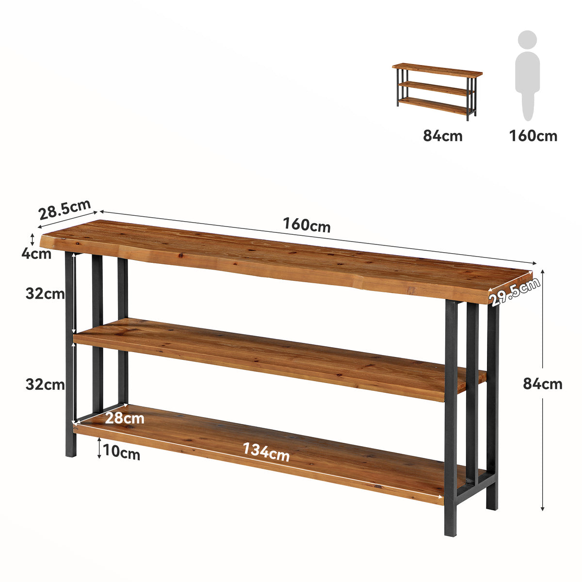 160cm Console Table, Solid Wood Live Edge 3-Tier Rustic Hallway Sofa Table