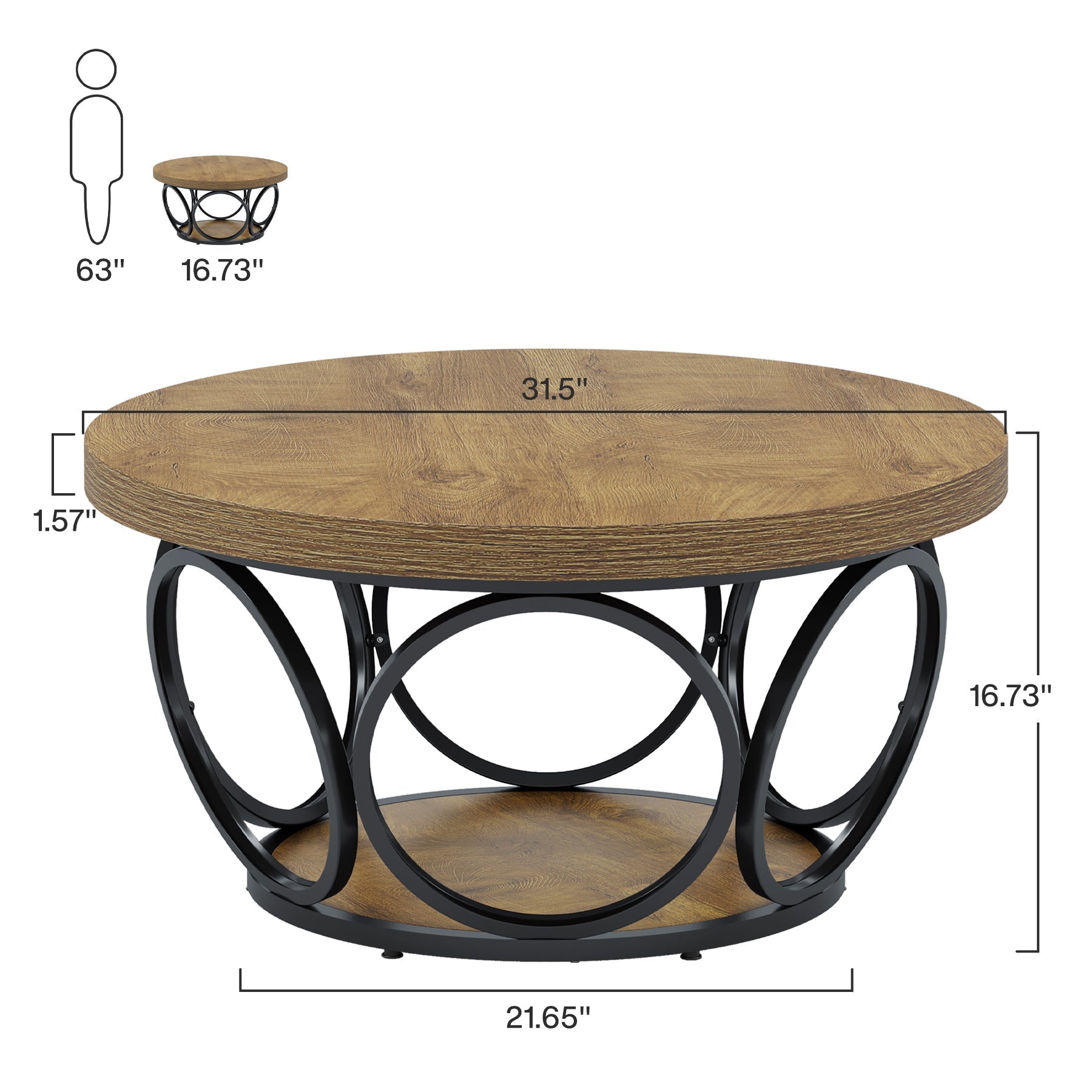 Farmhouse Coffee Table, Round Center Table with 2 Storage Shelves