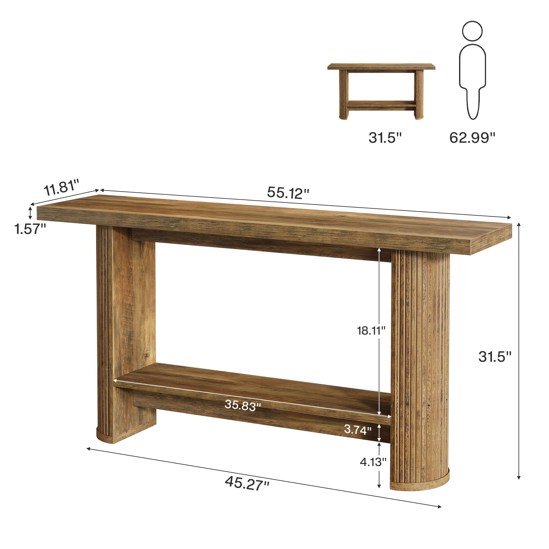 55" Narrow Console Table with Storage Shelf, Rustic Entryway Sofa Table
