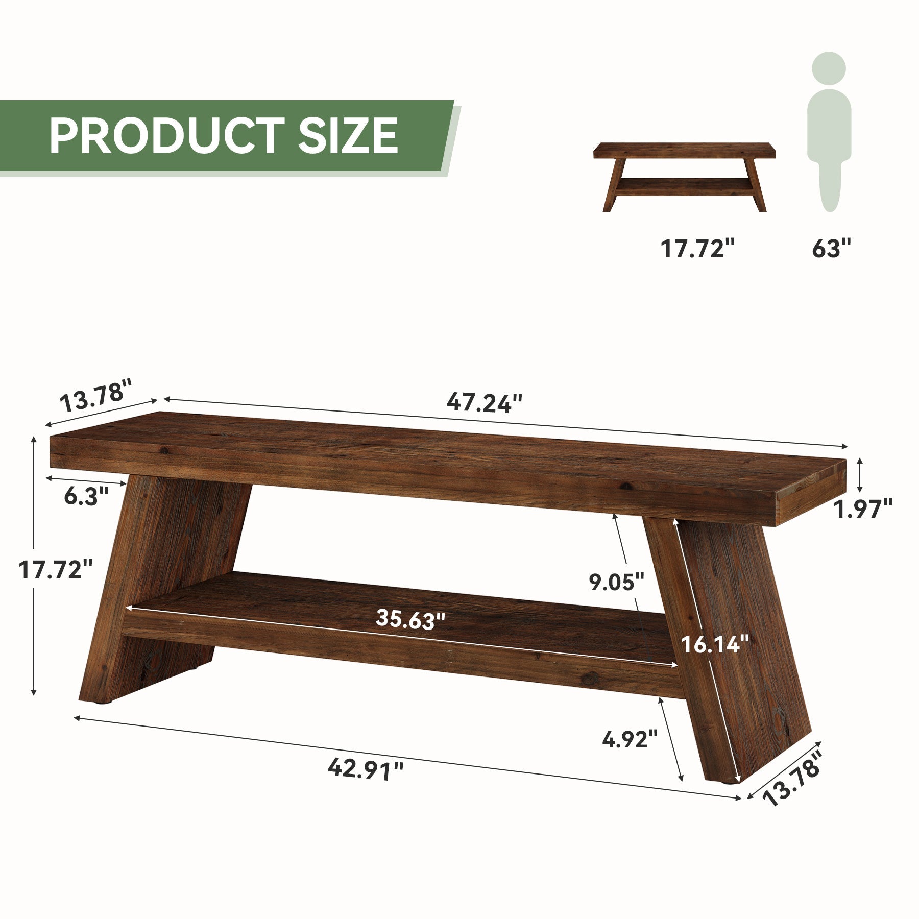 120cm 2-Tier Solid Wood Entryway Bench with Open Storage, Wooden Shoe Bench for Hallway & Foyer