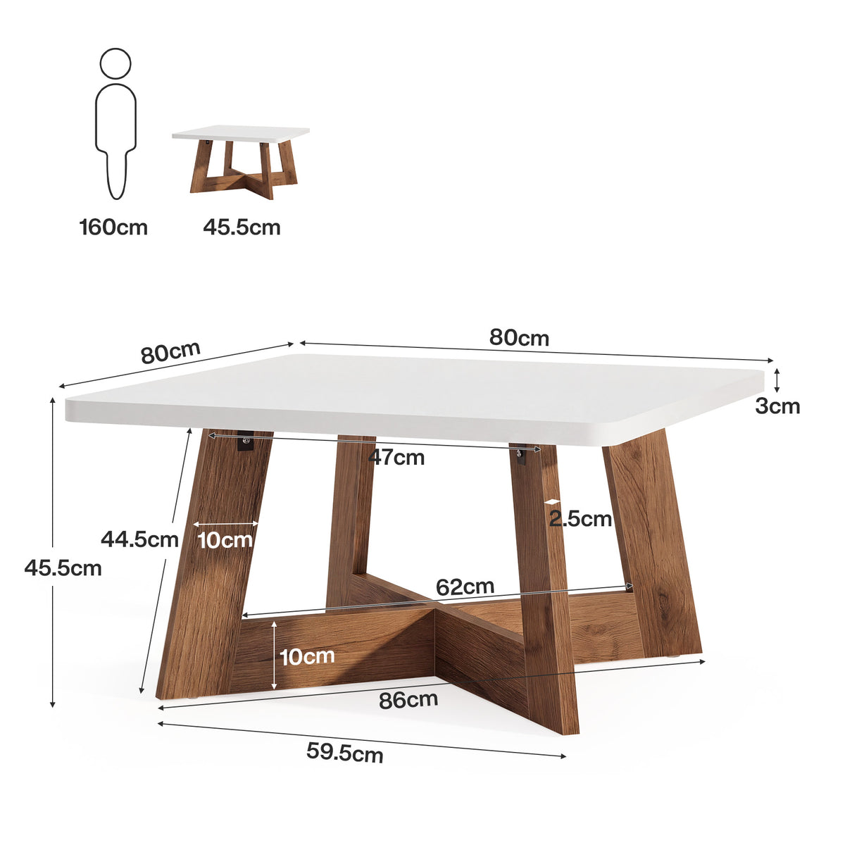 80cm Square Coffee Table, Modern White Centre Table with Cross Base for Living Room