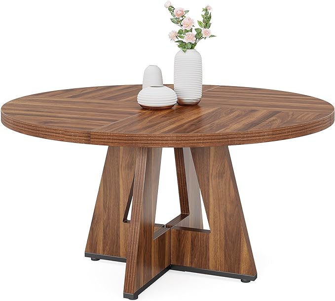 47" Round Dining Table, Farmhouse Wood Kitchen Table for 4-6 with Cross Base