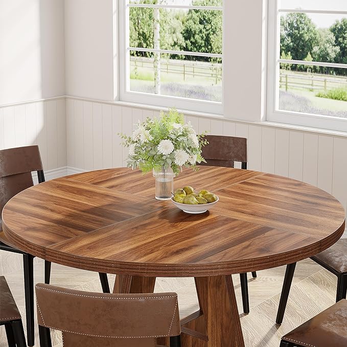 47" Round Dining Table, Farmhouse Wood Kitchen Table for 4-6 with Cross Base